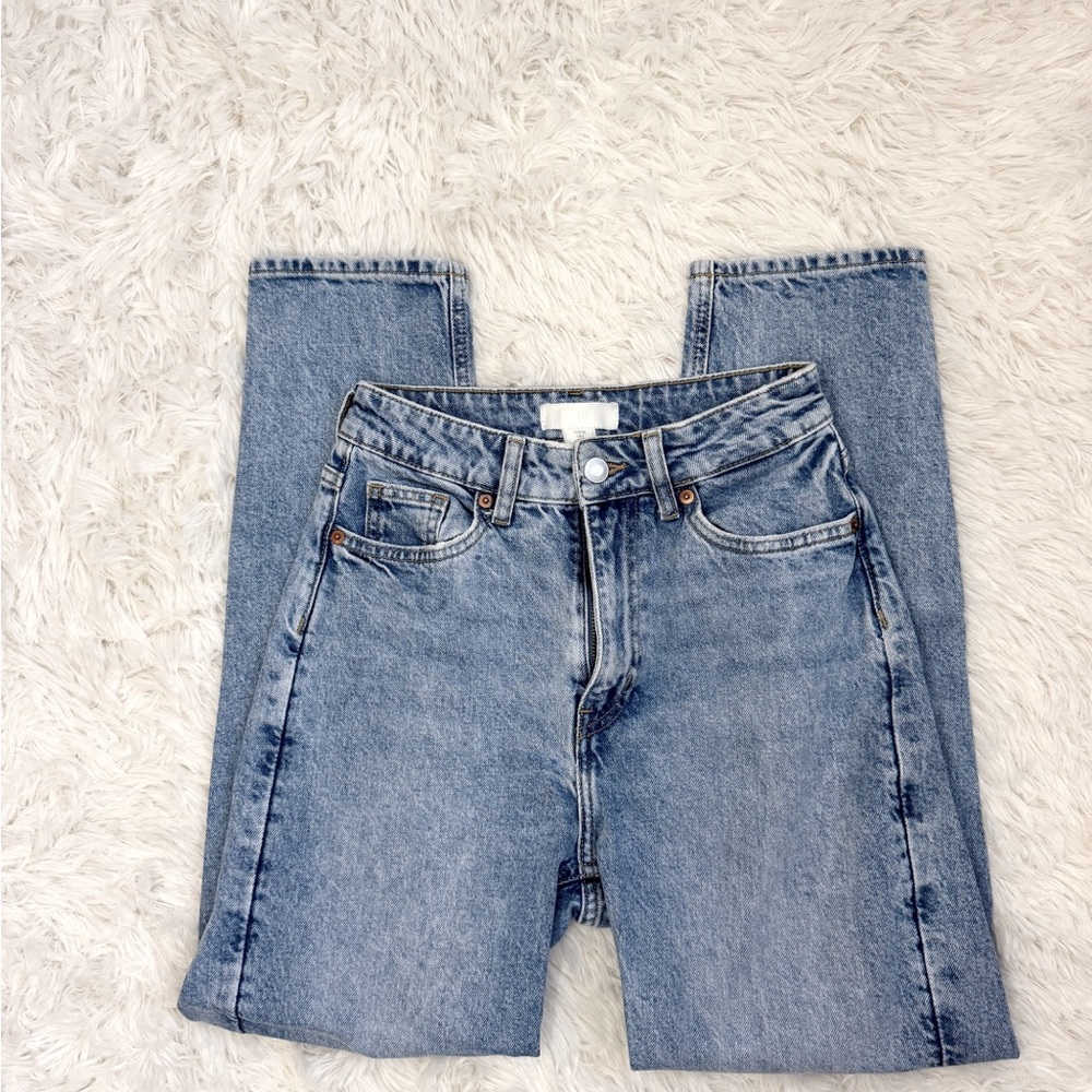 H&M high waisted, straight leg, light blue denim mom jeans